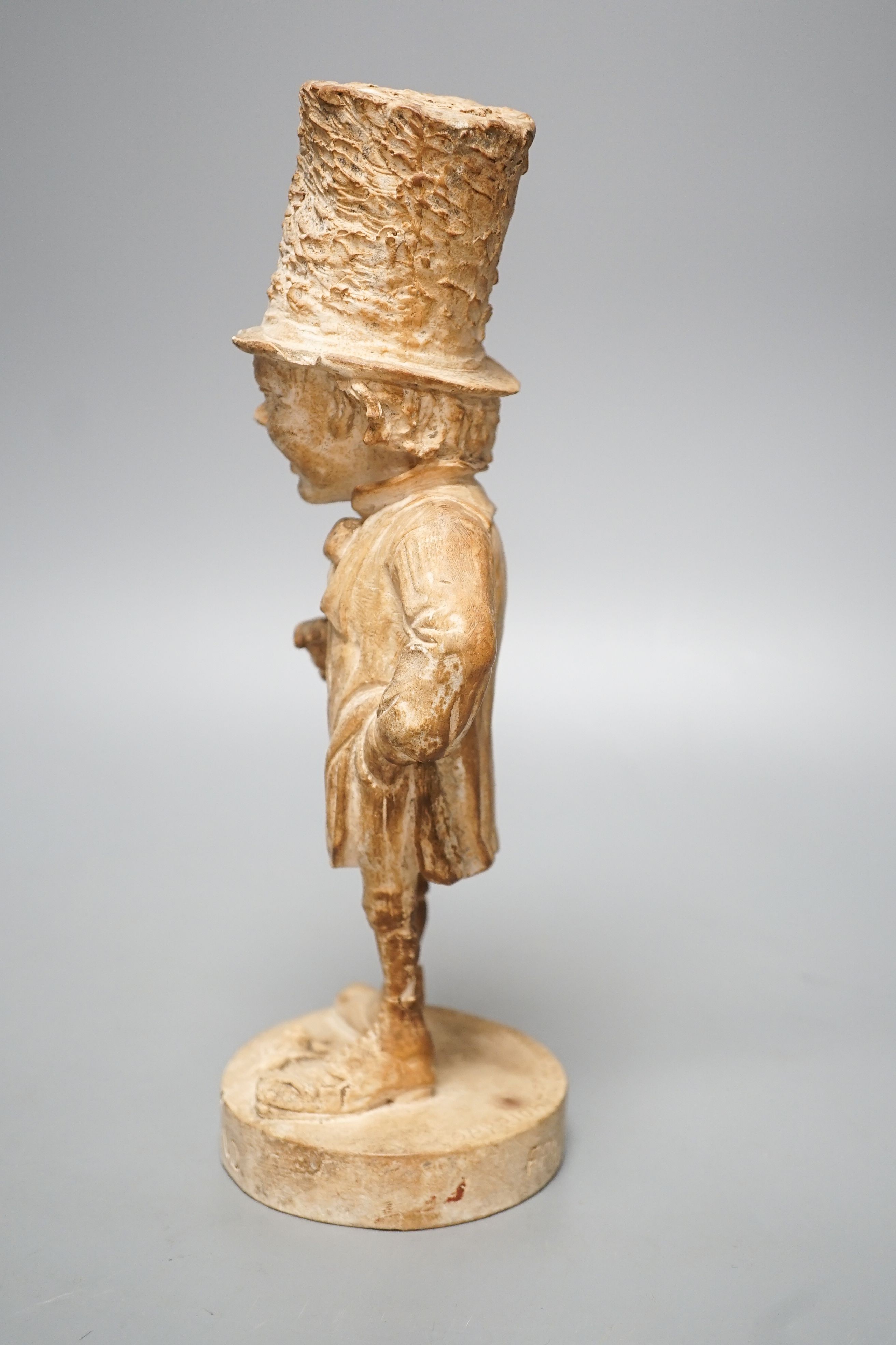 A plaster character figure, 'England, Feb 17 - 1880, Copyright of Ch, Cortopassi, Sc’ 27cm